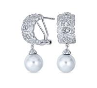 Bijoux de Mariée Vintage Élégants - Boucles d'Oreilles Demi-Creoles avec Perles en Verre Blanc, CZ Pavé Milgrain pour Femmes avec Fermoir Omega, Plaqué Argent Exquis