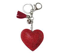 Bijoux de sac, porte-clés coeur strass cristal rouge pompon.