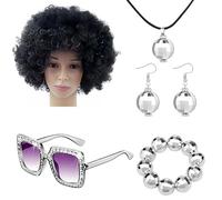 Bijoux disco pour femme - Costume de rappeur des années 70, accessoires de bal, perruque afro, boucles d'oreilles, bracelet, lunettes de pour fête de rappeur hip-hop