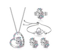 Bijoux Enfants Filles Argent Licorne Ensemble de Bijoux 4 Pièces Collier Bracelet Boucles d'oreilles Bague Set Cristal Accessoires Fille Princesse Déguisement Cadeau Anniversaire de Fête Enfants