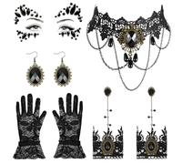 Bijoux Gothique Costume Femme,Gothiques Dentelle Bracelets Choker Gants Boucles d'oreilles Tatouages Visage Femme,Dentelle Steampunk Accessoire,Vampire Costume Accessoires pour Halloween Carnaval