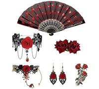 Bijoux gothiques Steampunk, Flamenco Accessoire,avec Ventilateur,Fleur Cheveux,Collier,Bracelet,Boucles d'oreilles,Collage de tatouage, pour halloween,fête à thème,Carnaval,Danseuse De Flamenco