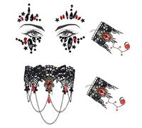 Bijoux Halloween Lot de 4,Collier Gothique en Dentelle,Pierre Précieuses et Bracelets,Halloween Vampire Steampunk Sorciere Femme Collier Dentelle,Accessoire Medieval Femme Carnaval et Mascarade(Rouge)