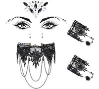 Bijoux Halloween Lot de 4,Collier Gothique en Dentelle,Pierres Précieuses et Bracelets,Halloween Vampire Steampunk Sorciere Femme Collier Dentelle,Accessoire Medieval Femme Carnaval et Mascarade(Noir)