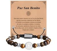 Bijoux Homme Bracelet Chapelet Catholique - Médaille Saint Benoît Avec Perles De Pierre Naturelle Obsidienne Noire Œil De Tigre 6MM À Breloques Réglables Cadeau Religieux Pour Père Petit Ami Frère
