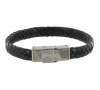 Bijoux Les Poulettes - Bracelet Enfant Cuir Noir Tréssé Plat Fermoir Acier Inoxydable