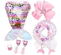 Bijoux pour Petites Filles, Parure de Bijoux Enfant Sirène Bourse avec Queue de Sirène Sequins Sac Bandoulière, Bracelet, Anneau, Boucles d'oreilles, Pinces À Cheveux Ensemble pour Filles Rose