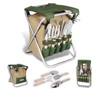 BIKAIN - Tabouret de Jardin Pliable - Ensemble d'outils - Sac de Rangement avec Fermeture éclair - Comprend 5 Outils avec télécommande en Bois, Marron
