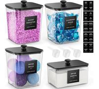 BIKALAN Lot de 4 boîtes de rangement en verre avec couvercle hermétique et 20 autocollants pour poudre à lessive, couvercles en bois noir et étiquettes en acrylique (noir)