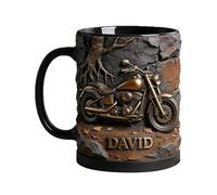 Biker Ceramic Mug, Motorcycle Themed Drinkware, 4.7 Inches Porcelain Vessel with Large Handle, Heat Resistant Latte Cup, Cylindrical Mug with Handmade Style, Desktop Accessory for Office and Home