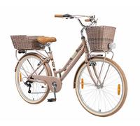 BIKESTAR VTC Vélo de Ville en Aluminium 26" Pouces | 7 Vitesse Shimano, Vélo Urbain pour Femme avec Sonnette, Panier, lumière et réflecteurs | Marron