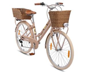BIKESTAR VTC Vélo de Ville en Aluminium 26" Pouces | 7 Vitesse Shimano, Vélo Urbain pour Femme avec Sonnette, Panier, lumière et réflecteurs | Marron