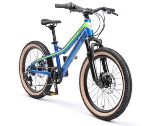 BIKESTAR VTT Vélo Tout Terrain pour Enfants de 6-9 Ans | Bicyclette 20 Pouces 7 Vitesses Shimano, Hardtail, Freins Disque, Suspension | Bleu & Vert