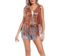 BIKETAFUWY Femme Paillettes Franges Gilet 60's 70's Costume Hippie Court Cowboy sans Manches Gilet Cardigan Paillettes Gilet à Franges Femme Boho Festival Boléro Carnaval Costumes de Carnaval