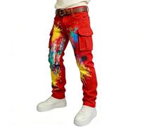 BIKETAFUWY Pantalon Cargo Homme Carnaval Slim - Pantalon Chino Homme Imprimé Diagonales Rouges et Blanches avec Poches Cargo Pratiques - Coupe Droite pour Carnaval, Événement Thématique ou Festival