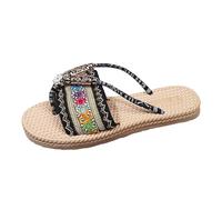 BIKETAFUWY Tongs Femme Sandales Plates Claquettes Nu-Pieds | Cuir, Semelle Texturée, Bride Brodée, Perles, Motifs Géométriques, Entre-Doigts, Slip-On à Enfiler | Été Plage Piscine Vacances Détente