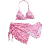 Bikini 3 Pièces Fille - Imprimé Léopard Classique - Haut Triangle Cache-Cœur - Culotte Assortie Et Jupe Portefeuille Volantée - Maillots Bain 5-14 Ans- Tenue De Plage