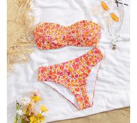 [Bikini à haute élasticité] Nouveau bikini de mode sexy et charmant pour femme à haute élasticité - lavable en machine, motif imprimé au hasard, Top bandeau et bas taille haute, costume de bain de pla