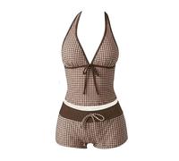 Bikini à Pois, Maillot de Bain Deux pièces, Bas Taille Haute à Nouer sur Les côtés, Haut Push-up (Brown, L)