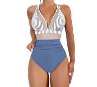 Bikini Bleu Seulement Split Flower Print Large Fashion Split Swimsuit Maillots Une Pièce De Compétition Femme (Light Blue, L)