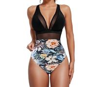 Bikini Bleu Seulement Split Flower Print Large Fashion Split Swimsuit Maillots Une Pièce De Compétition Femme (Black, XL)