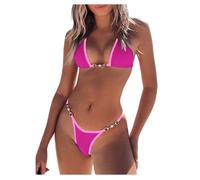 Bikini brésilien femme GORGLITTER rose L - Haut triangle noué perles et anneaux, bas échancré L