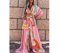Bikini Cover Ups Boho Print Maxi Dress pour Les Femmes d'été Tunique de Plage bohème Sexy Beach Long Dress-Rose,L