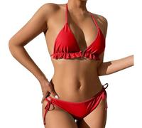 Bikini de grandes tailles - Ensemble bikini trois pièces avec jupe - Dos nu - Lacets raffinés - Triangle - Bas de bikini pour femme - Ensemble avec armatures, rouge, L