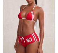 Bikini deux pièces avec string, short échancré Ensemble de maillots de bain de plage sporty rayés rouges pour femmes L,M,S,XL,XSBlocs de couleur,Lettres,RayéÉtoffe