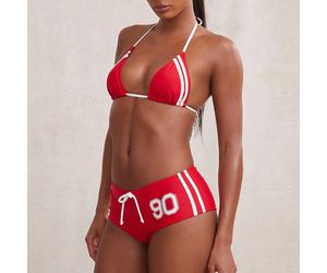 Bikini deux pièces avec string, short échancré Ensemble de maillots de bain de plage sporty rayés rouges pour femmes L,M,S,XL,XSBlocs de couleur,Lettres,RayéÉtoffe
