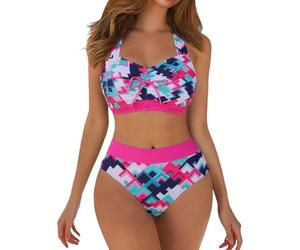Bikini Femme 2 Pieces Maillot De Bain Gainant Push Up Taille Haute Cache Ventre Grande Ronde Ensemble Piece Forte Poitrine Menstruel Maillots Deux Pièces Tanga avec Armature Plat Sexy，N-Rouge，XL