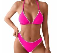 Bikini Femme, Ensemble Bikini Triangle Dos Nu À Bordure Contrastée Et Boutons Floraux, Maillot De Bain Deux Pièces, Bikini String(Rose Red,S)