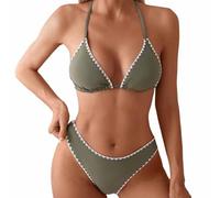 Bikini Femme, Ensemble Bikini Triangle Dos Nu À Bordure Contrastée Et Boutons Floraux, Maillot De Bain Deux Pièces, Bikini String(Green,S)