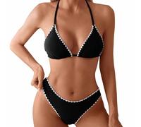 Bikini Femme, Ensemble Bikini Triangle Dos Nu À Bordure Contrastée Et Boutons Floraux, Maillot De Bain Deux Pièces, Bikini String(Black,M)