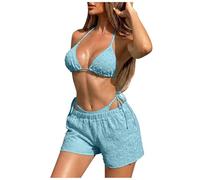 Bikini Femme Ensemble De Maillot De Bain Trois Pièces Femme Col Licou Triangle Haut Bas Et Short À Lacets Latéraux Tissu Bouclé Élégant Confortable Col en V Brésilien Réglable D'Été Plage Swimwear