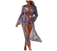 Bikini Femme Ensemble De Maillot De Bain Trois Pièces Femme Haut Unie Triangle Imprimé Bleu Marine Bas Short avec Kimono Long Transparent Style Moderne Élégant pour Plage Piscine Vacances Été