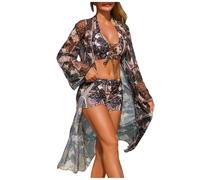 Bikini Femme Ensemble De Maillot De Bain Trois Pièces Femme Imprimé Rayé Multicolore Haut Col Licou Croisé Bas Taille Haute avec Kimono Long Assorti Élégant Confortable