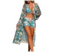 Bikini Femme Ensemble De Maillot De Bain Trois Pièces Femme Imprimé Rayé Multicolore Haut Col Licou Croisé Bas Taille Haute avec Kimono Long Assorti Élégant Confortable