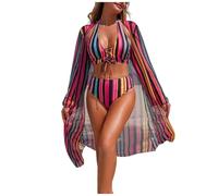 Bikini Femme Ensemble De Maillot De Bain Trois Pièces Femme Imprimé Rayé Multicolore Haut Col Licou Croisé Bas Taille Haute avec Kimono Long Assorti Élégant Confortable
