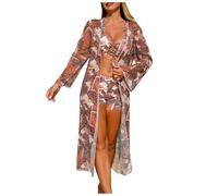 Bikini Femme Ensemble De Maillot De Bain Trois Pièces Femme Imprimé Rayé Multicolore Haut Col Licou Croisé Bas Taille Haute avec Kimono Long Assorti Élégant Confortable