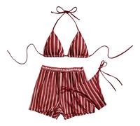 Bikini Femme Ensemble De Maillot De Bain Trois Pièces Femme Rayé Col Licou Triangle Haut Short avec Liens Style Tendance Élégant Confortable Col en V Brésilien Réglable D'Été Plage Swimwear
