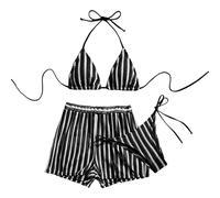Bikini Femme Ensemble De Maillot De Bain Trois Pièces Femme Rayé Col Licou Triangle Haut Short avec Liens Style Tendance Élégant Confortable Col en V Brésilien Réglable D'Été Plage Swimwear