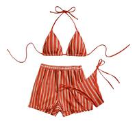 Bikini Femme Ensemble De Maillot De Bain Trois Pièces Femme Rayé Col Licou Triangle Haut Short avec Liens Style Tendance Élégant Confortable Col en V Brésilien Réglable D'Été Plage Swimwear