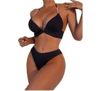 Bikini femme noir push-up avec chaînes dorées, haut halter & culotte à lacets - Taille L L