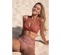 Bikini fleuri taille haute ventre plat torsadé marron