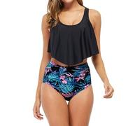 Bikini fluo pour femme avec nouveau imprimé - Haut à volants - Maillot de bain sexy - Maillot de bain deux pièces - Haut noir - Grandes tailles, bleu, XXL