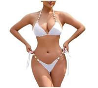 Bikini Maillot de Bain Femme 2 Pieces Triangle Sexy Swimwear Women Élégant Couleur Unie Maillots Deux Pièces Ensemble Plage Hauts de Maillots Été Bas de Maillot Slip de Bain 28 Blanc S