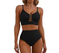 Bikini Mujer Tanga Traje De BañO 2 Piezas Bikini de Mujer Con escote en V y Corte Alto, Traje baño plisado texturizado. Bikinis 2026 Talla Grande BañAdores (Black, M)