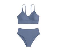 Bikini pour adolescente - Maillot de bain 2 pièces avec croix sur le devant - Tissu côtelé - Haut de bain enveloppant + slip taille haute - Maillot de bain pour enfants - Ensemble d'été - Plage