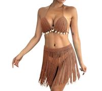 Bikini pour femme - Petits seins - Crochet à la main - Ensemble 2 pièces pour femme - Haut de bikini à franges et jupe - Ensemble string, marron, taille unique